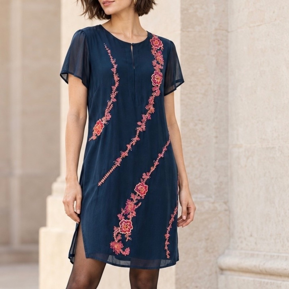 Vintage Geisha Designs Yasmin 100% Silk Navy Sequin Beaded Shift Dress Y2K S